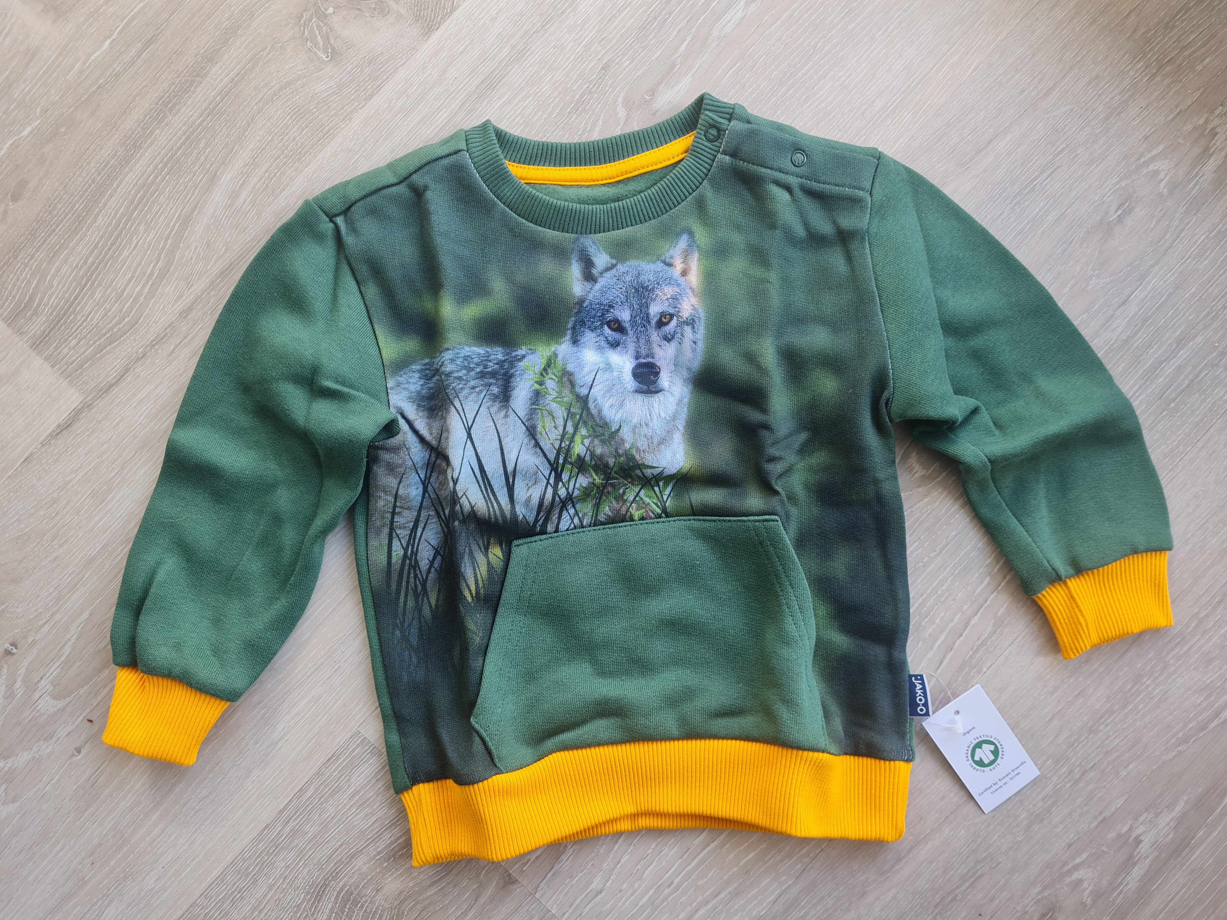 Jako-o Langarmshirt, Gr. 80/86, Fotodruck Wolf, moosgrün, Neuware