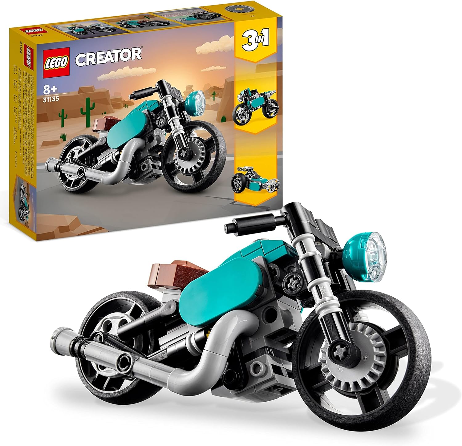 LEGO Creator 31135 3in1 Oldtimer Motorrad Set, klassisches Motorrad-Spielzeug vom Straßenmotorrad zum Dragster Auto, Neuware (EOL)