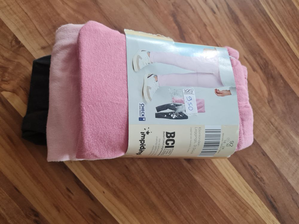 3 Kleinkinder-Leggings, dunkelgrau-melange / rosa / pink, Gr. 92, Neuware mit Etikett