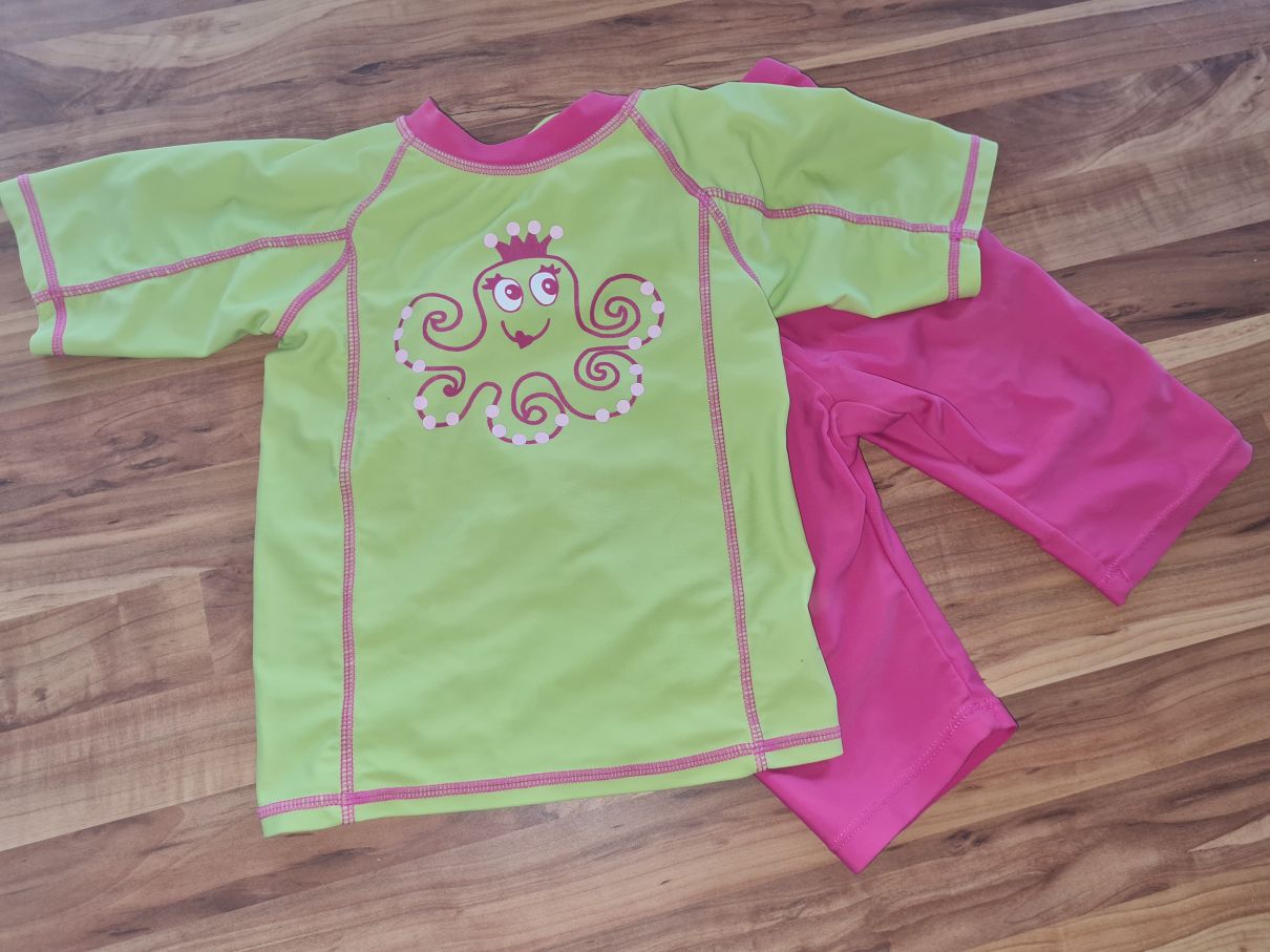 UV 2-Teiler; Shirt und Hose "Oktopus", hellgrün-pink,  Gr. 98/104, Secondhand