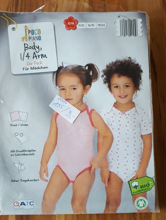 2 Kurzarm-Bodies für Mädchen, Gr. 62/68, Neuware