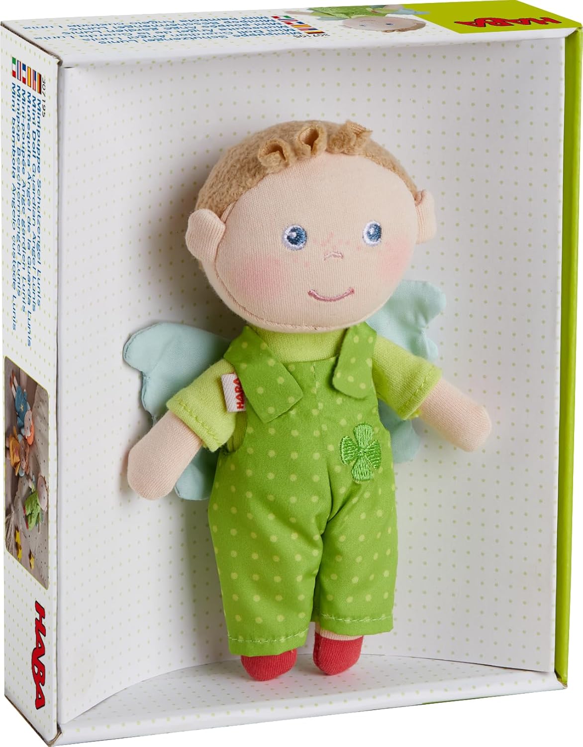 HABA Minipuppe Schutzengel Lunis, Weiche 17 cm Stoffpuppe für Babys zur Geburt, Abnehmbare und waschbare Kleidung, Neuware