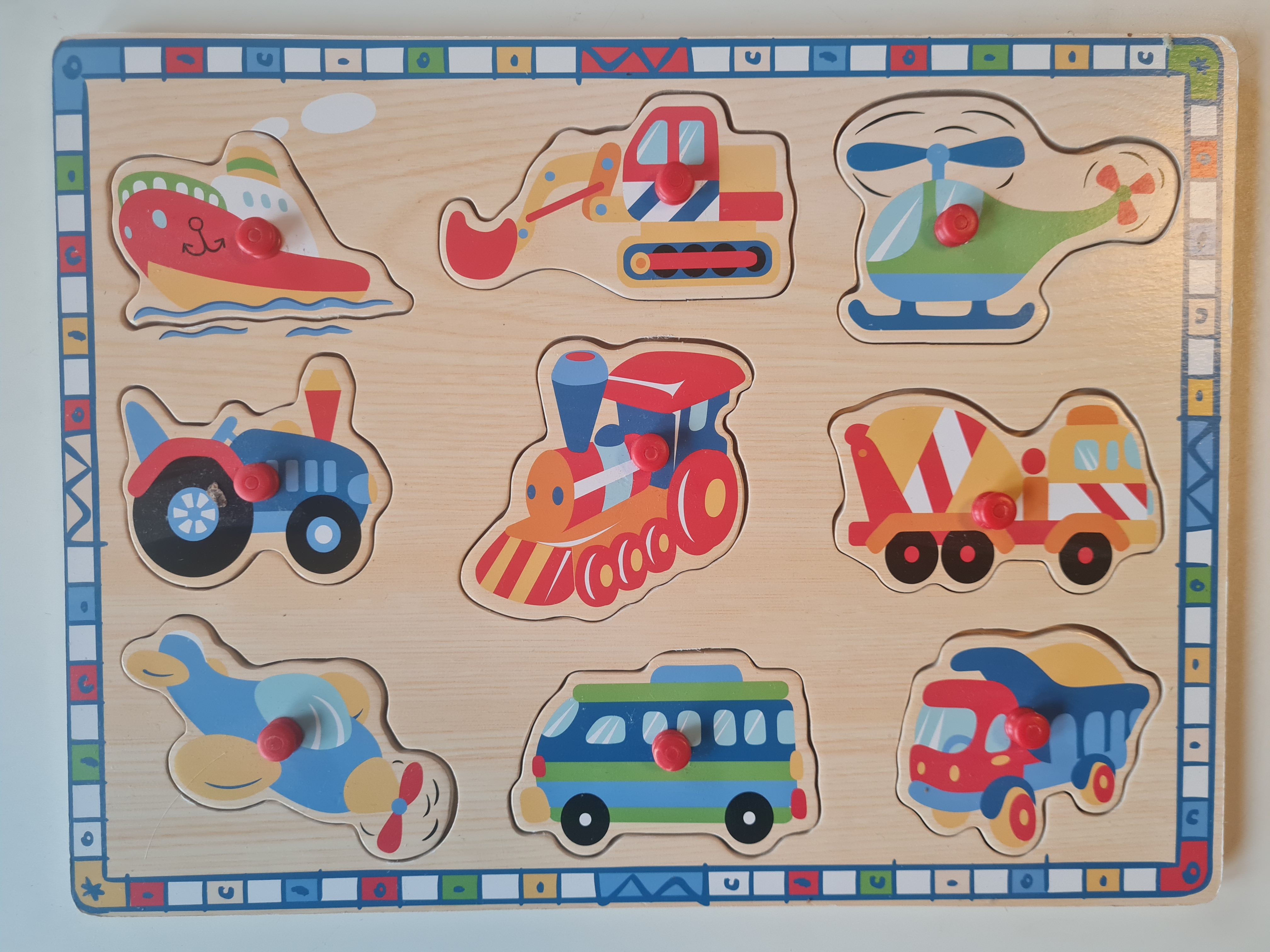 Holz Steckpuzzle Fahrzeuge/Flugzeuge/Schiffe, 9 Teile