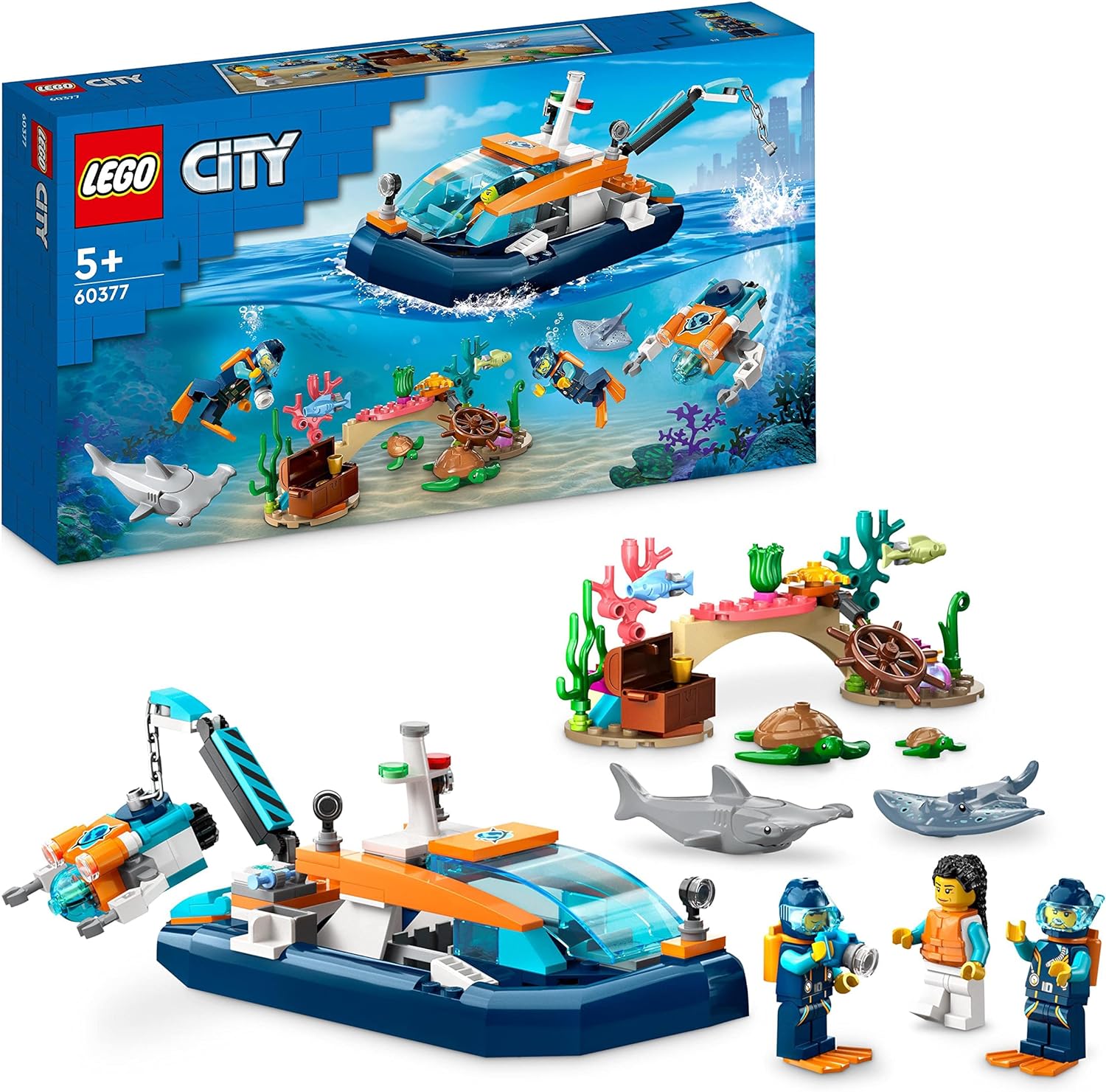 LEGO City 60377 Meeresforscher-Boot, Set enthält Korallenriff, U-Boot, 3 Minifiguren und Mantarochen, Haie, Krabben und 2 Schildkröten, Neuware (EOL)