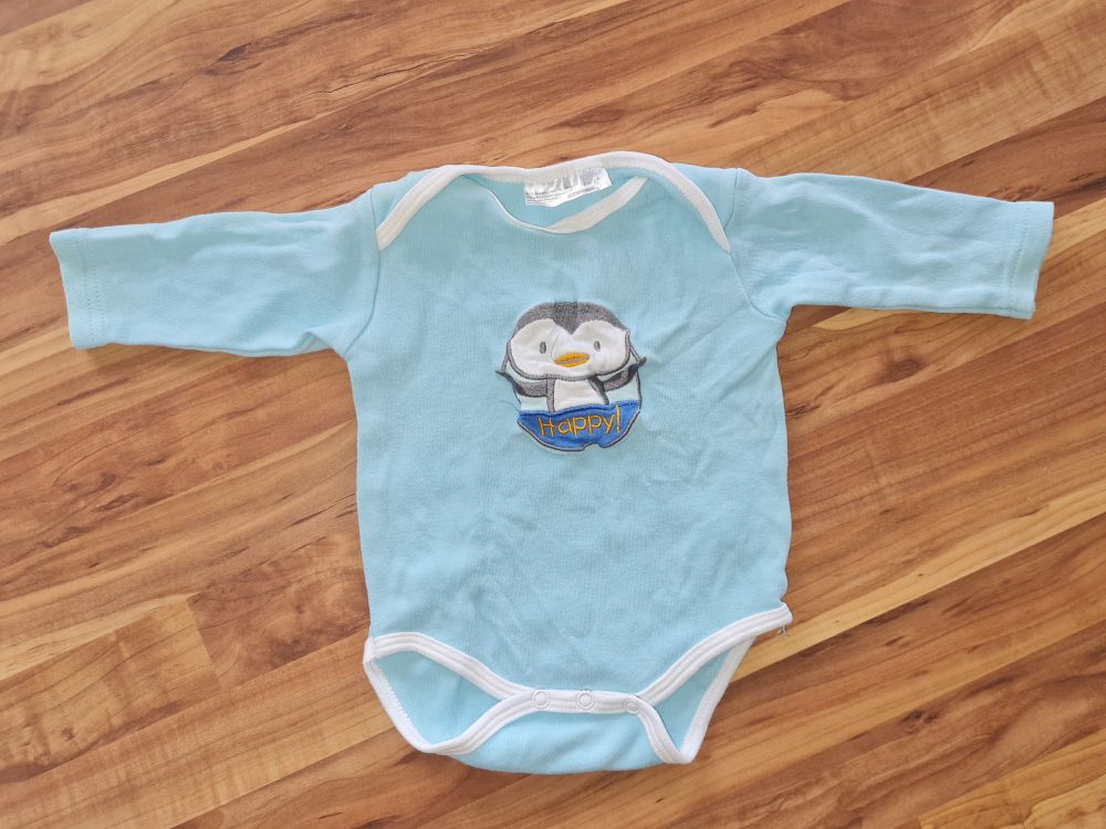 Langarmbody "Pinguin", Gr. 50/56, Secondhand