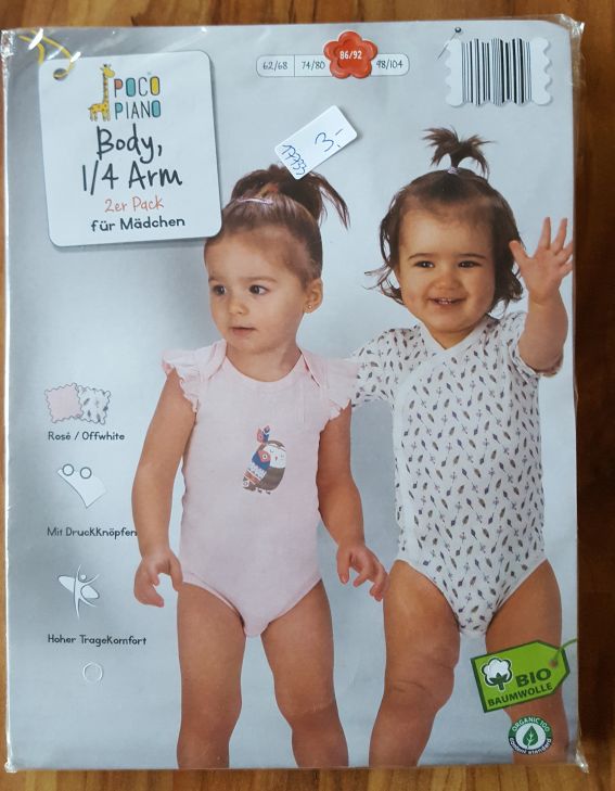 2 Kurzarm-Bodies für Mädchen, Gr. 86/92, Neuware