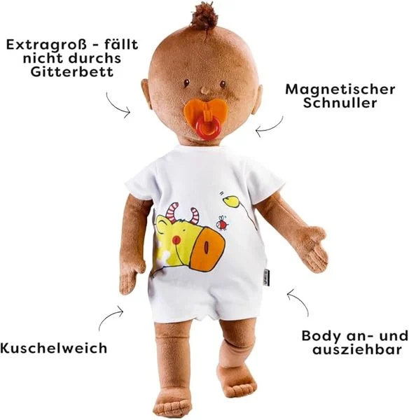 JAKO-O Puppe Krümel mit Schnuller, 43 cm, 3-teilig, braun, Neuware