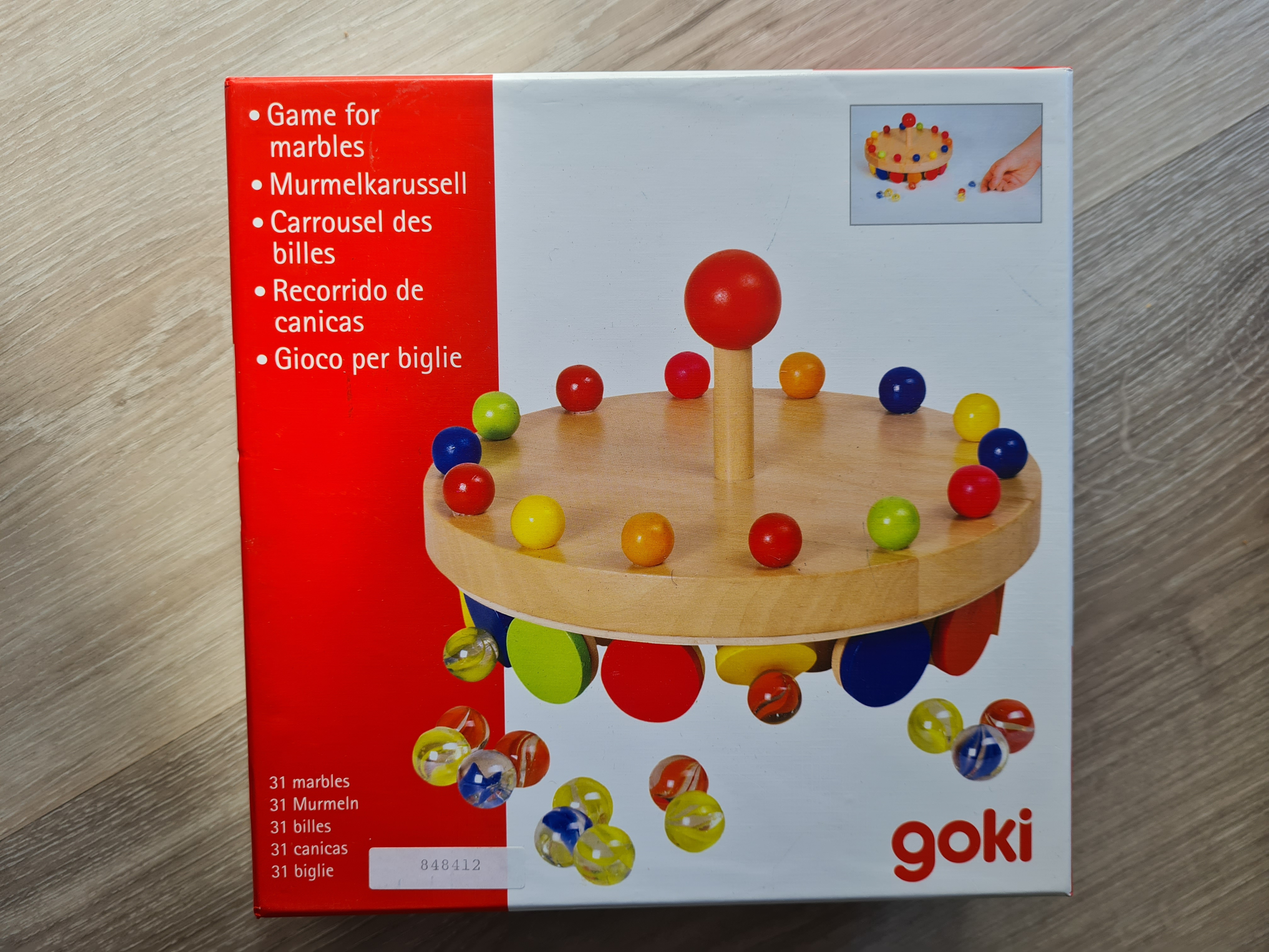 GOKI Holz-Murmelkarussell Kinder-Spiel mit 25 Murmeln