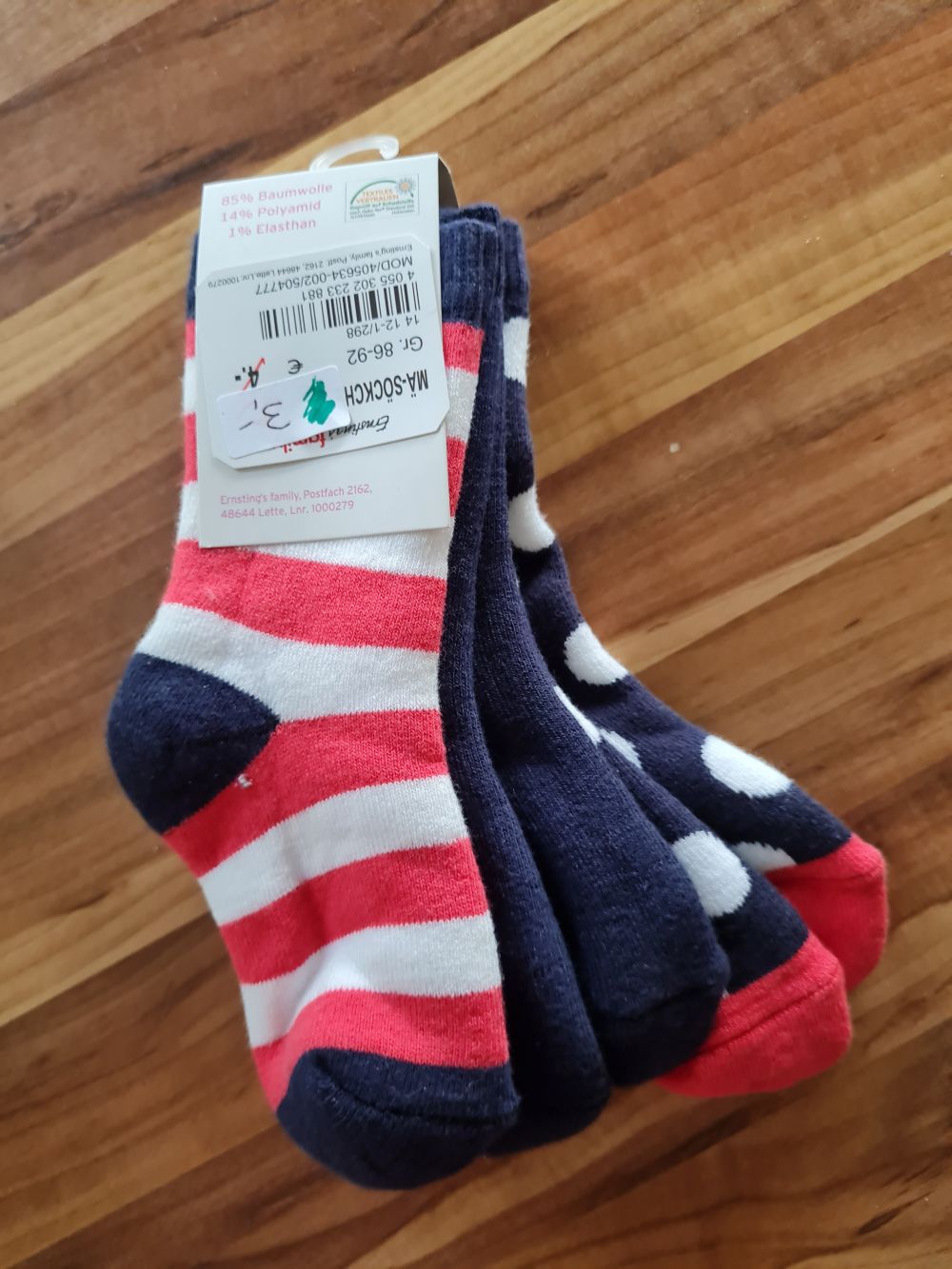 3 Paar Socken, wärmere Qualität, Gr. 86/92, Neuware mit Etikett