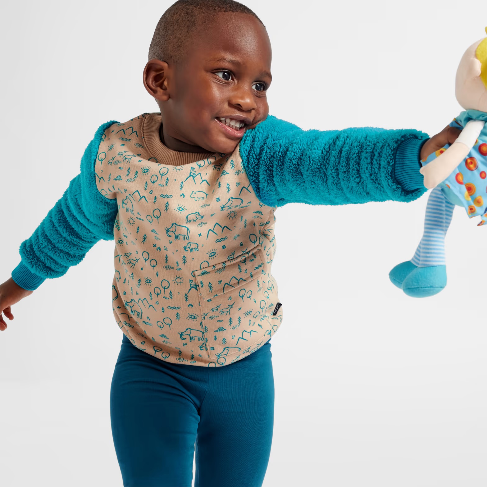 Jako-o Kinder Sweatpullover mit Plüsch-Ärmeln, Gr. 80/86, dunkeltürkis, Neuware