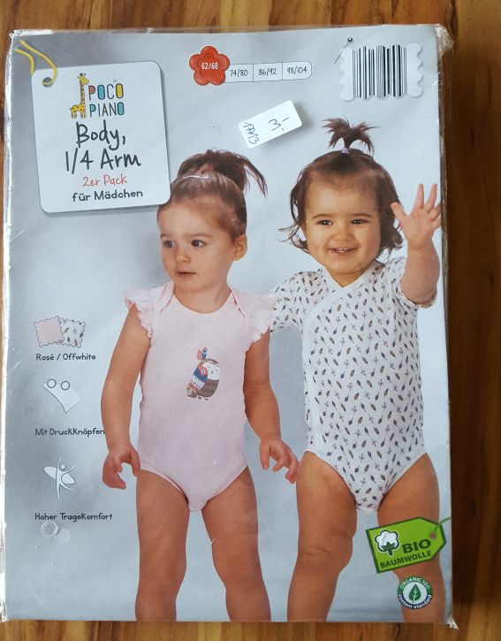 2 Kurzarm-Bodies für Mädchen, Gr. 62/68, Neuware