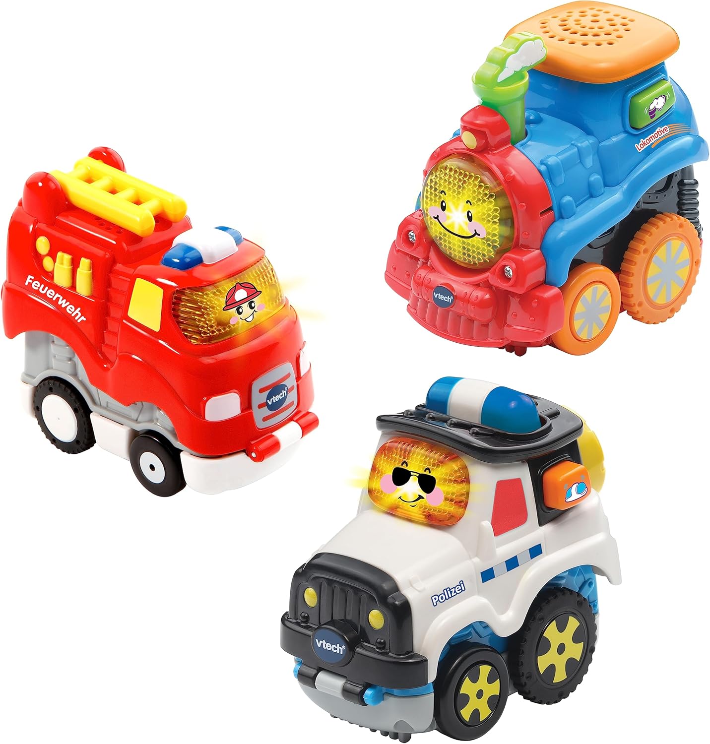 Vtech TUT TUT Baby Flitzer Press&Go Set - Feuerwehr, Lokomotive, Polizei - 3 Fahrzeuge im Set, Neuware