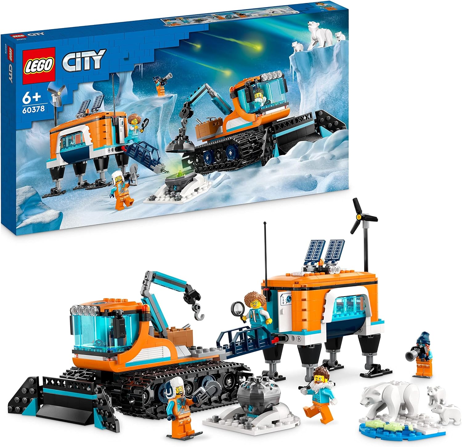 LEGO City 60378 Arktis-Schneepflug mit mobilem Labor, mit Spielzeugkran, Meteorit, 4 Minifiguren und 3 Eisbär-Figuren, Neuware (EOL)