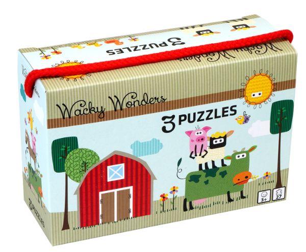 Puzzlebox mit 3 bunten Puzzles (6, 9, 12 Teile) Szenen vom Bauernhof. Neuware