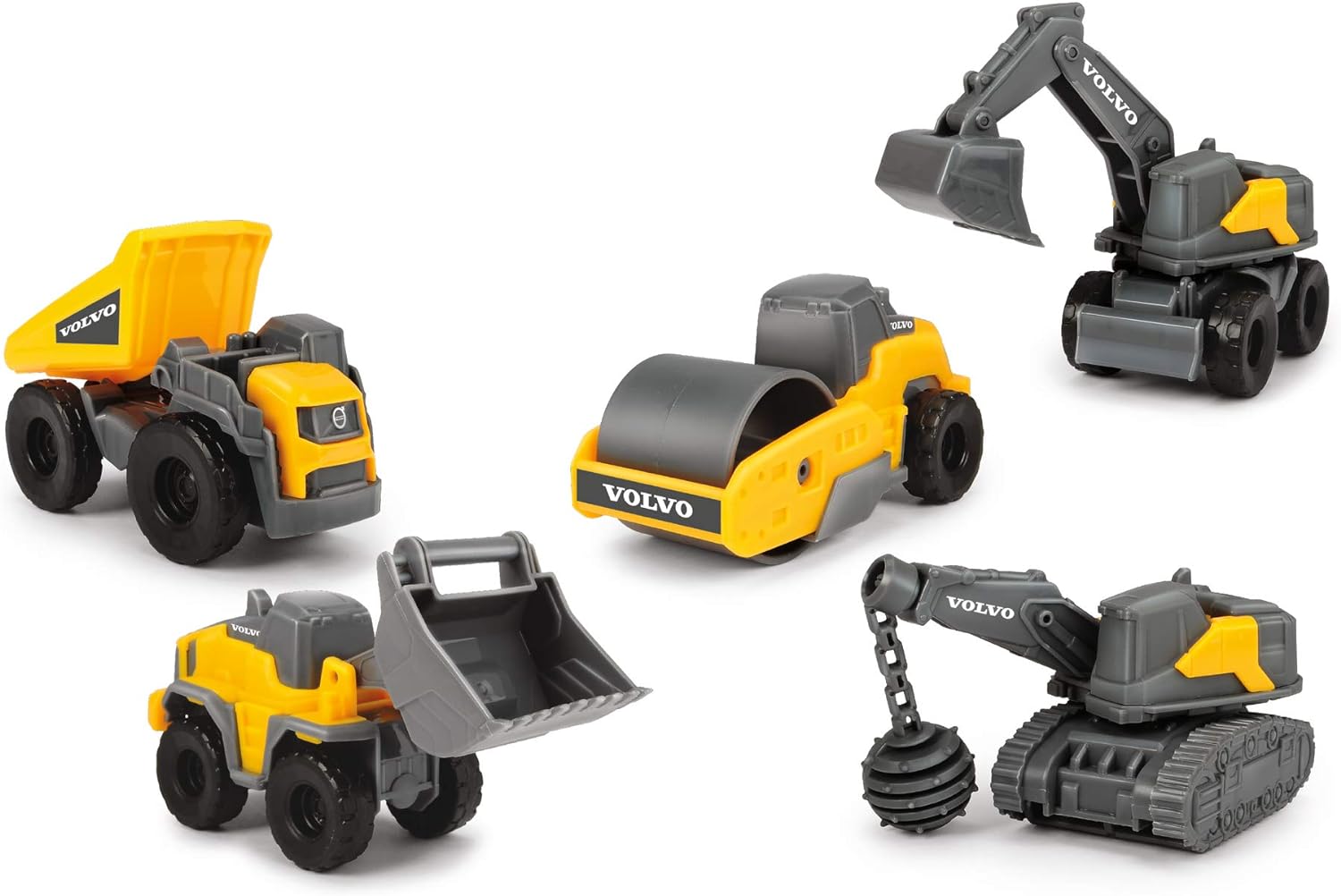 Dickie Toys Volvo Micro Workers 5er Spielzeugset Baustelle, Bagger, Baustelle, 5er-Set Baufahrzeuge, Neuware