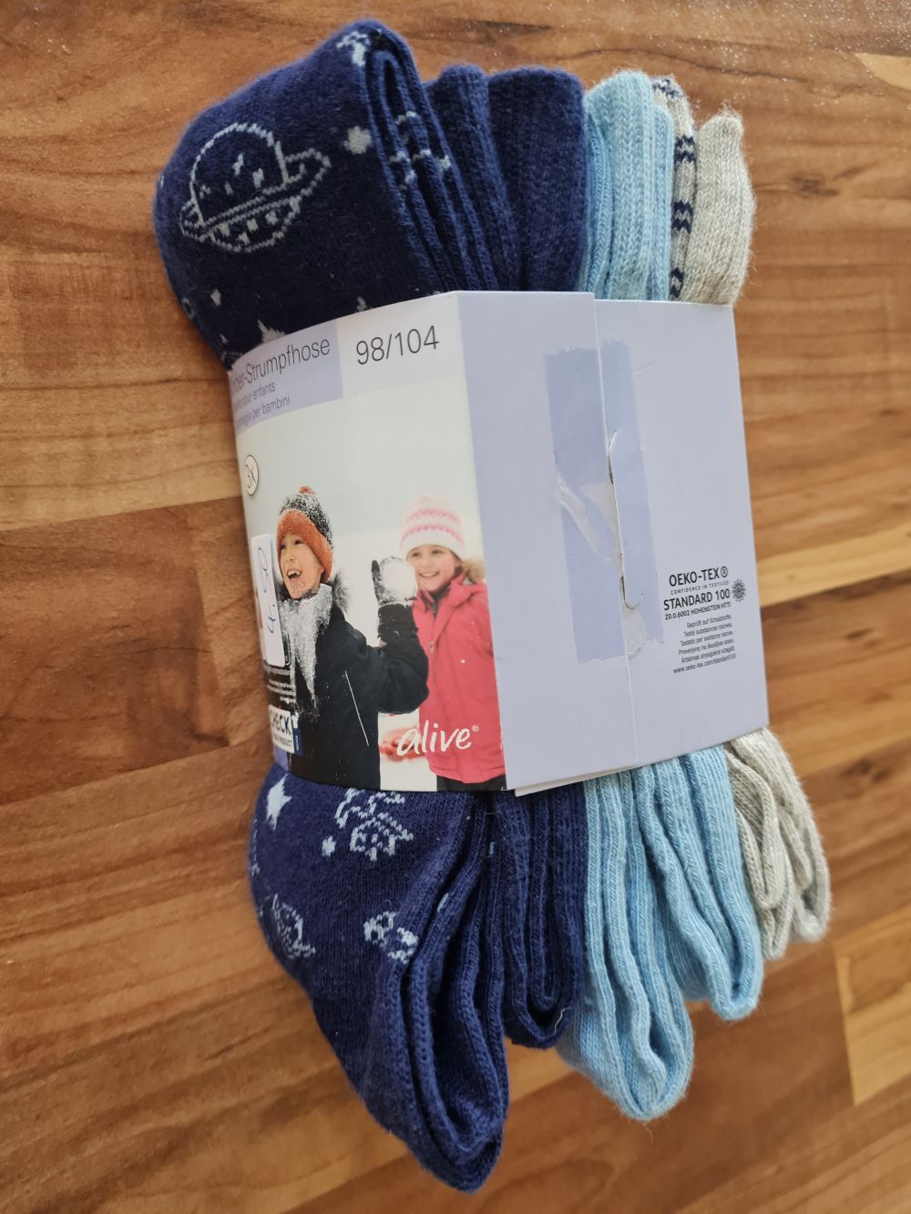 3 Kinder-Strumpfhosen, dunkelblau - hellblau - grau, Gr. 98/104, Neuware