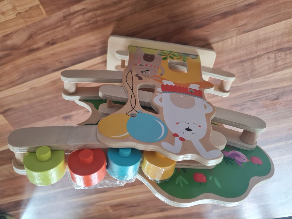 Holzkugelbahn mit 4 bunten Holzelementen, Secondhand