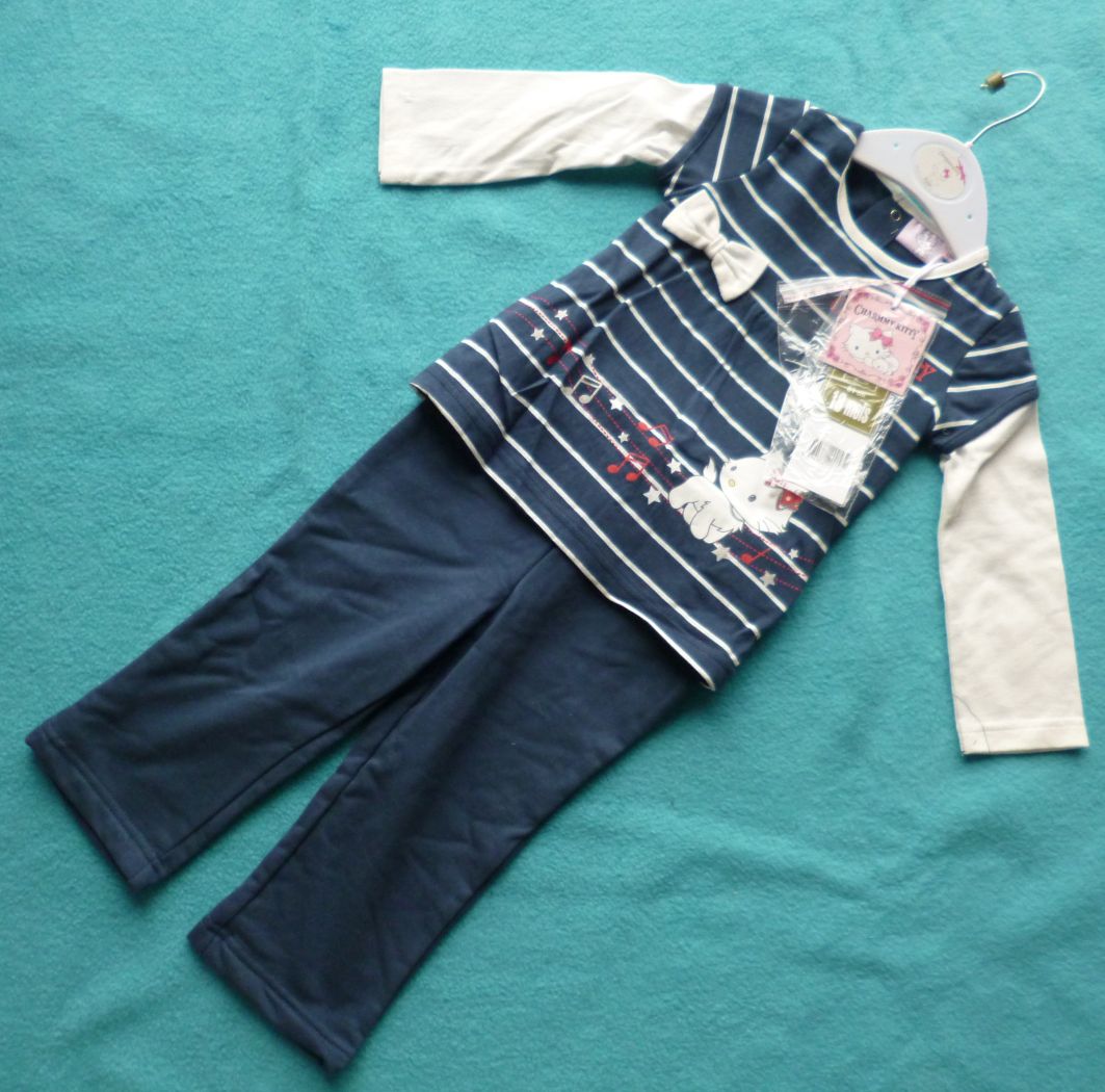 2-teiliges Set: Shirt u. Hose, Streifen u. Charmmy Kitty-Motiv marineblau u. weiß - Gr. 80, Neuware