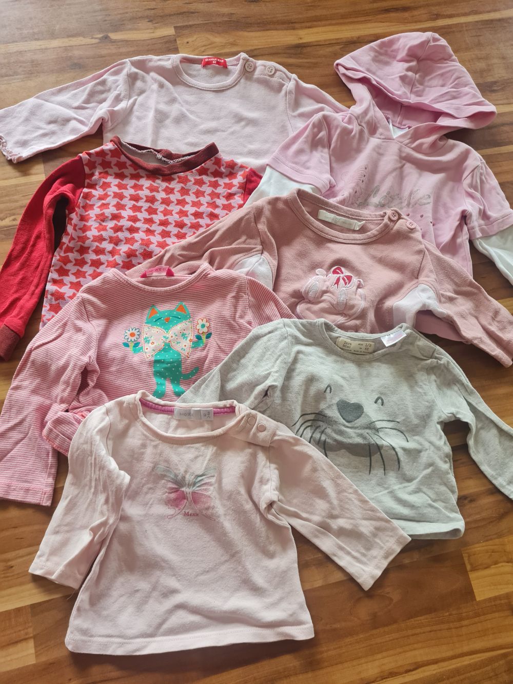7 Langarmshirts für Mädchen, Gr. 62, Secondhand