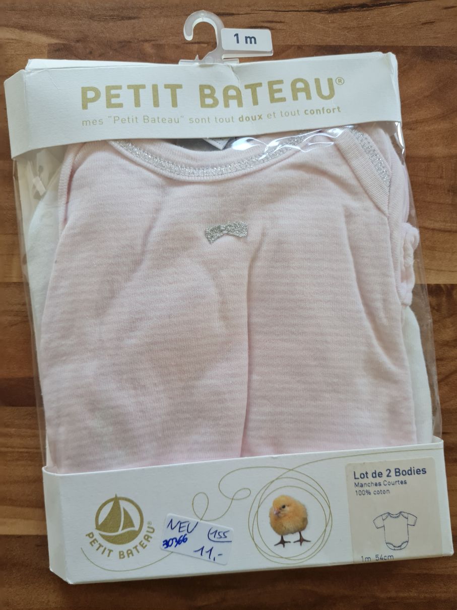 Petit Bateau 2 Kurzarm-Bodies, rosa / weiß, mit Glitzernähten, Gr. 54, Neuware mit Etikett