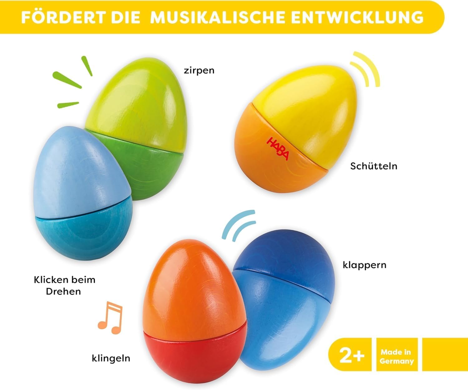 HABA Musikeier – 5 Bunte Rasseleier aus Holz zur musikalischen Frühförderung für Babys & Kleinkinder ab 2 Jahren, Secondhand